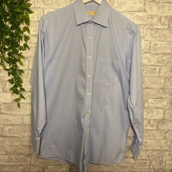 MICHAEL KORS Men’s‎ Button down Collared Dress Shirt Blue Checkered Grid Pattern - Picture 1 of 6